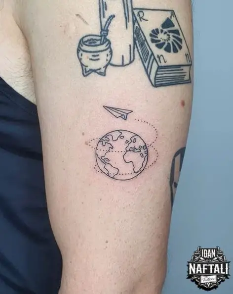 Paper Plane and Globe Ball Arm Tattoo