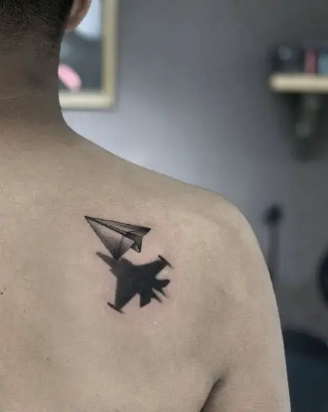 Paper Plane and Shadow Airplane Back Tattoo
