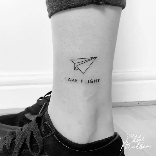Paper Plane and Text Leg Tattoo