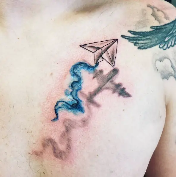 Paper and Real Plane with Smoke Trail Chest Tattoo