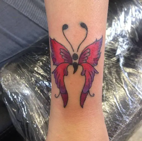 Pink Butterfly with Black Semicolon Tattoo Piece