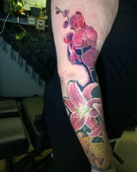 Pink Orchid and Lily Forearm Tattoo