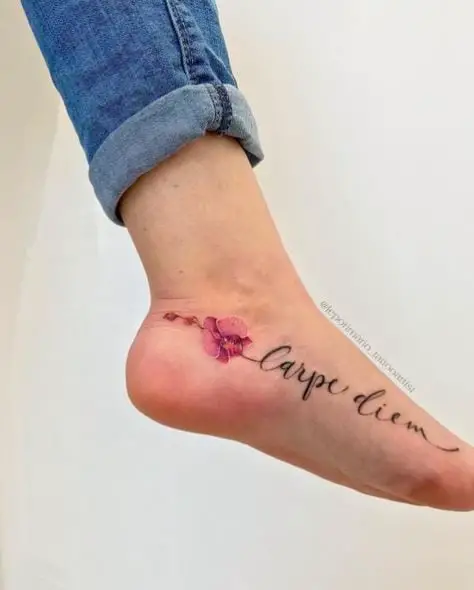 Pink Orchid with Text Leg Tattoo