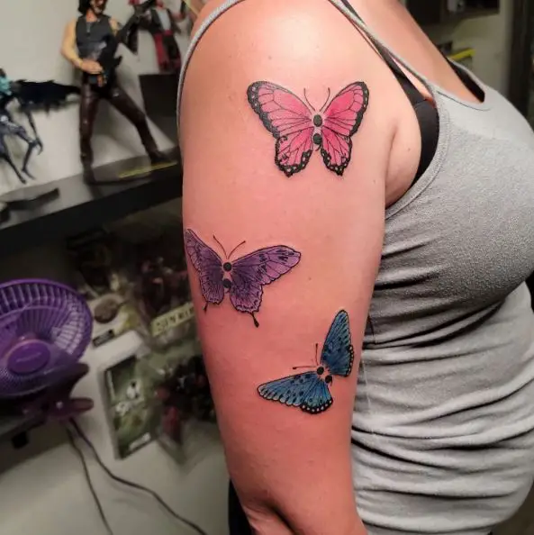 Pink, Purple and Blue Semicolon Butterflies Arm Tattoo