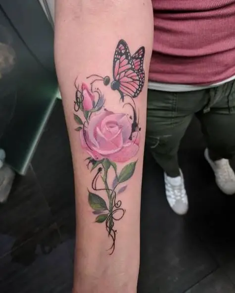 Pink Rose with a Semicolon Butterfly Forearm Tattoo