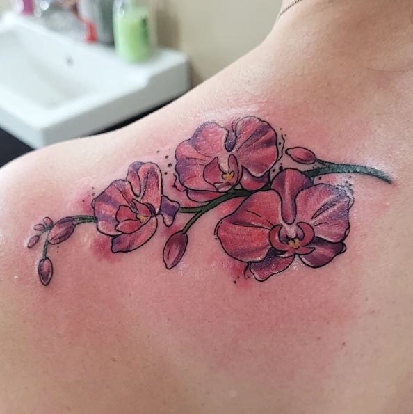 Pink Water Color Orchids Shoulder Tattoo