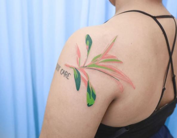 Pink and Green Leaf Tattoo