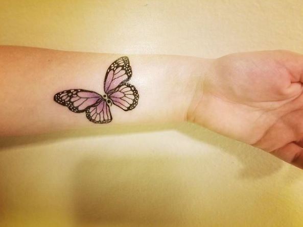 Pink and White Dots Semicolon Butterfly Forearm Tattoo