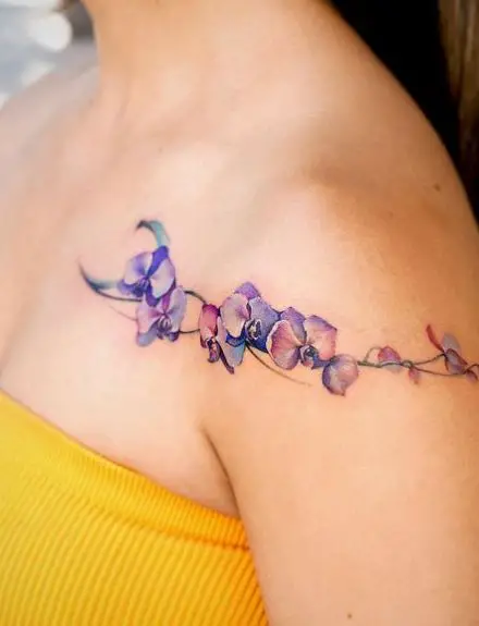 Purple Inked Orchid Shoulder Tattoo