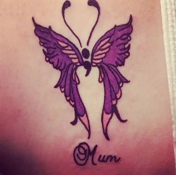 Purple Semicolon Butterfly Tattoo with a Text Mum