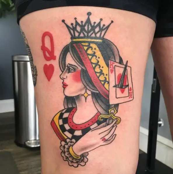 Queen of Hearts Stabbing the Card Tattoo Design
