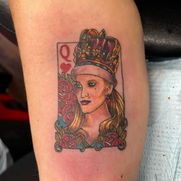 Queen of Hearts with Floral Playing Cards Tattoo Design