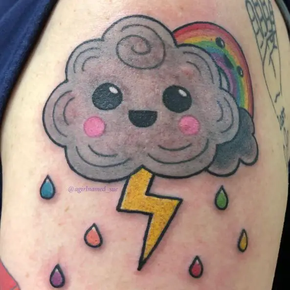 Rainbow, Storm Cloud Face with Lightning Bolt Tattoo