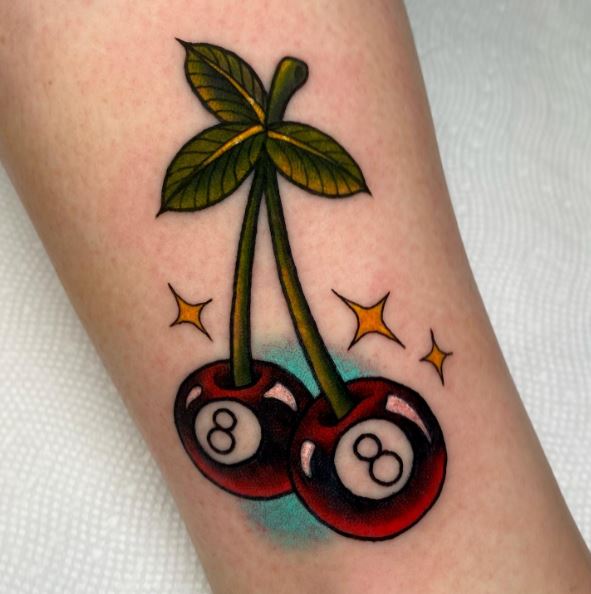 Red 8 Ball Cherries Tattoo with Sparks