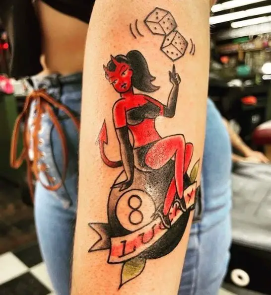 Red Devil Woman on 8 Ball Tattoo