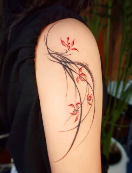 Red Orchid Flowers Arm Tattoo
