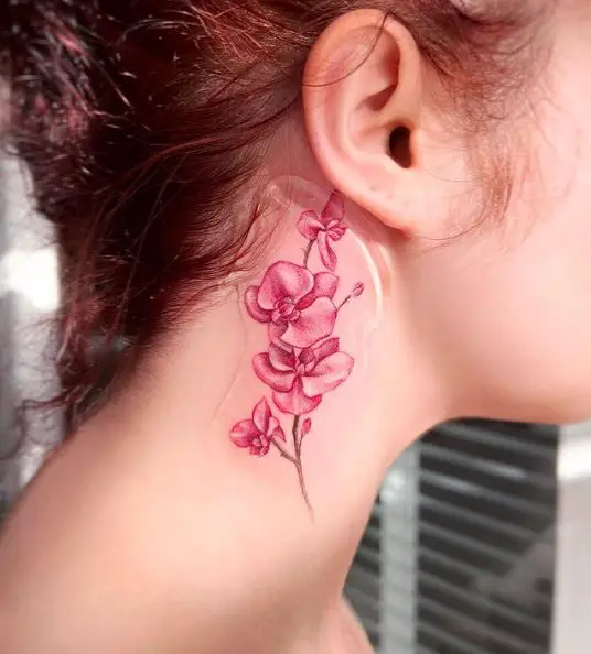 Red Orchid Flowers Neck Tattoo