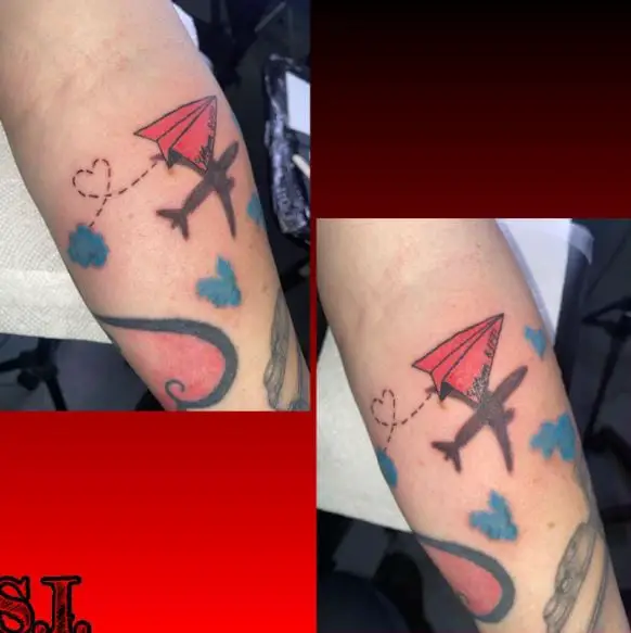Red Paper Plane and Grey Air Plane Shadow Tattoo