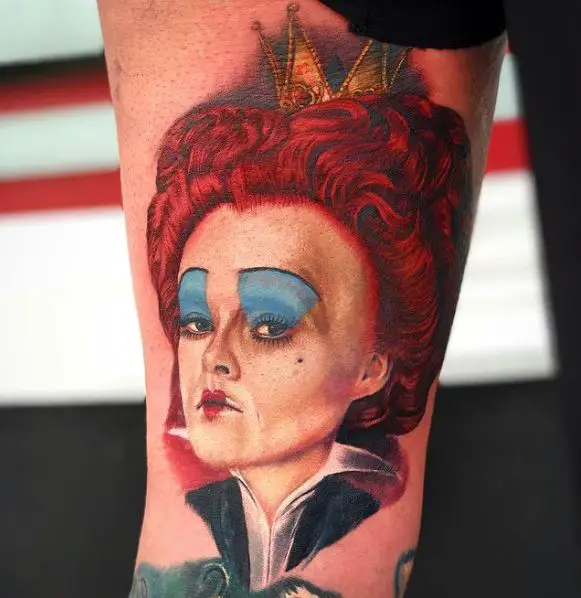 Red Queen with Crown and Heart Lips Tattoo