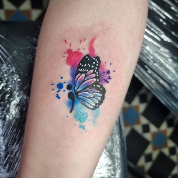 Semicolon Butterfly Watercolour Tattoo