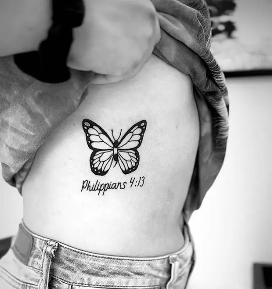Semicolon Butterfly and Bible Quote Rib Tattoo