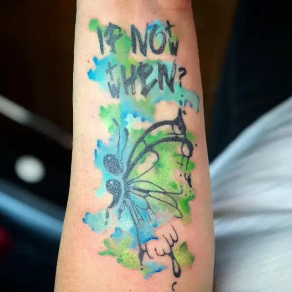 Semicolon Butterfly on Green and Blue Color Splash with a Text Tattoo