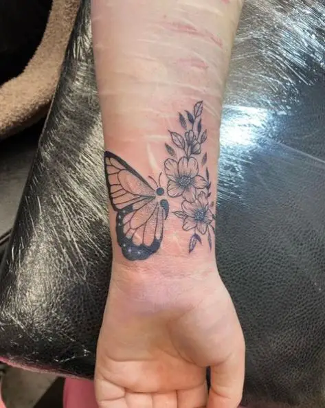 Semicolon Butterfly with Florals Wrist Tattoo