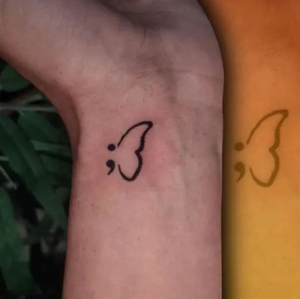 Simple and Small Semicolon Butterfly Wrist Tattoo