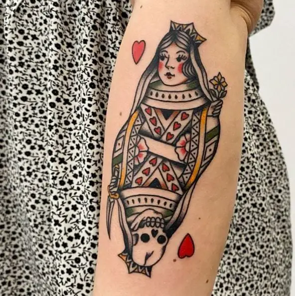 Skull Face and Queen Face Playing Cards Tattoo Design