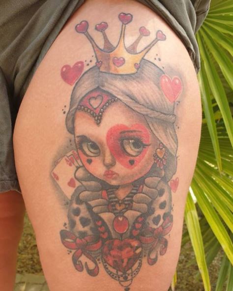 Small Girl Queen of Hearts Thigh Tattoo