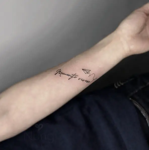 Small Paper Plane and Lettering Tattoo