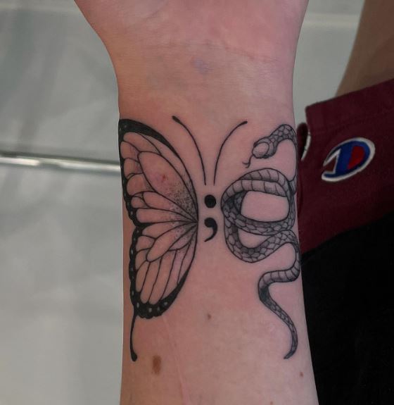 Snake and Butterfly with Semicolon Tattoo