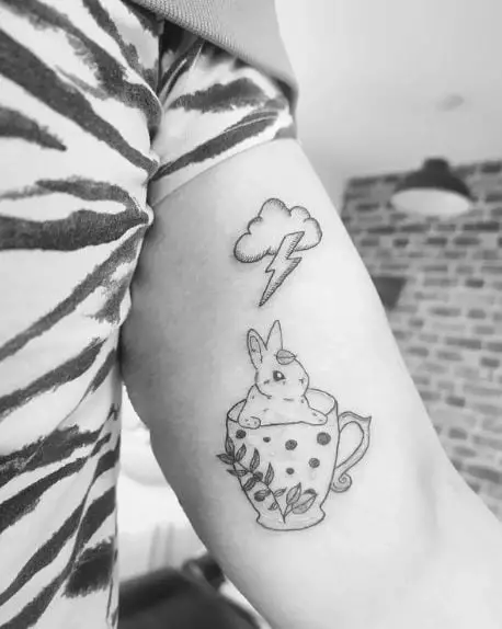Storm Cloud with Lightning Bolt and Bunny Tea Cup Tattoo