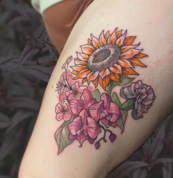 Sunflower and Orchids Floral Tattoo Piece