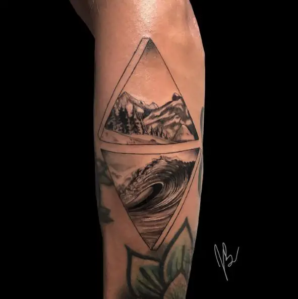 Tattoo of Wave and Mountain Scene Encompassed in Two Triangle Frames