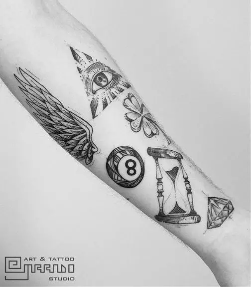 Tattoo of Wing, Triangle with Eye, 8 Ball, Clover, Hour Glass and Diamond