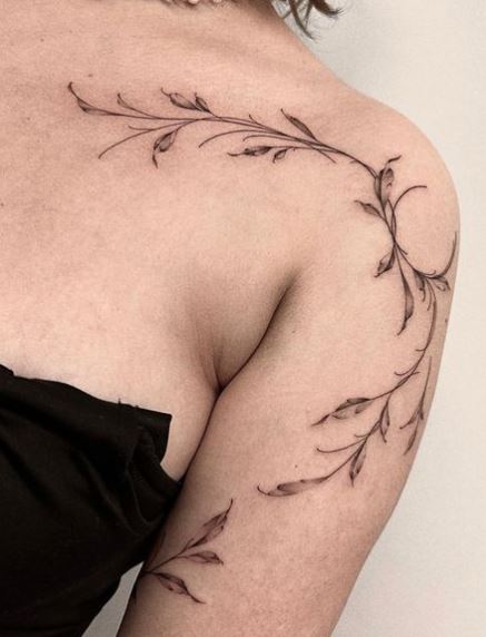 Thin Bay Leaf Shoulder Wrap Tattoo
