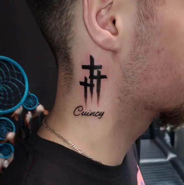 Three Cross Neck Tattoo with a Name