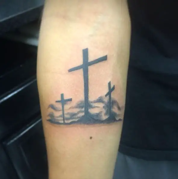 Three Cross Tattoo with Clouds
