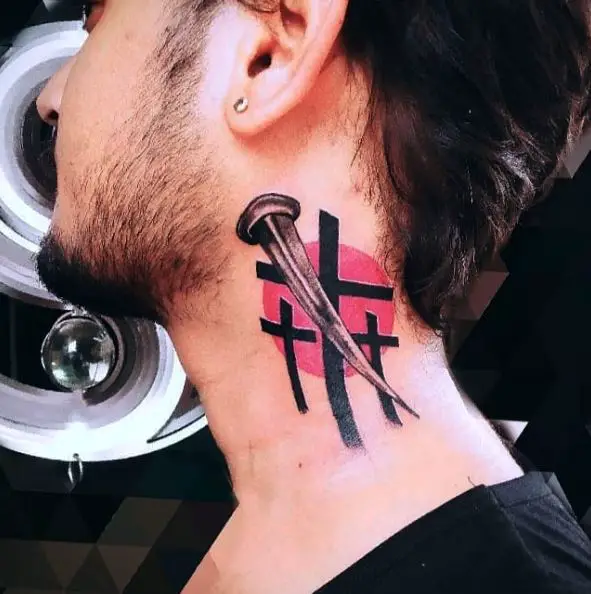 Three Cross Tattoo with Red Circle and Nail