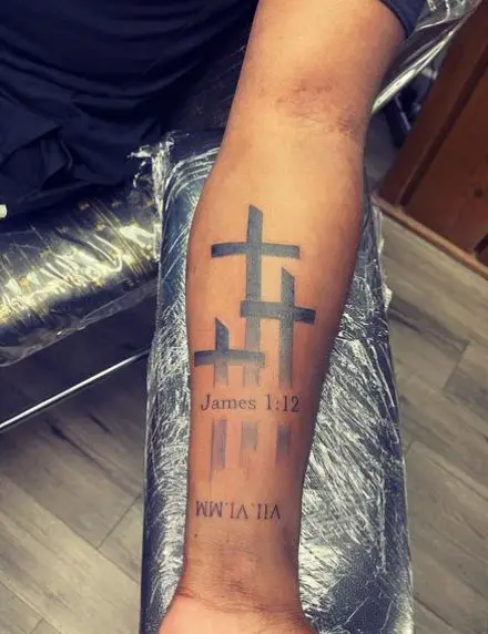 Three Cross and Bible Verse Forearm Tattoo