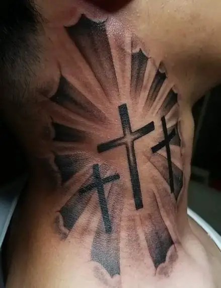 Three Cross and Halo Neck Tattoo