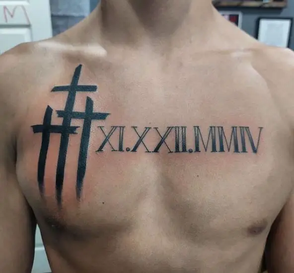 Three Cross with Roman Number Chest Tattoo