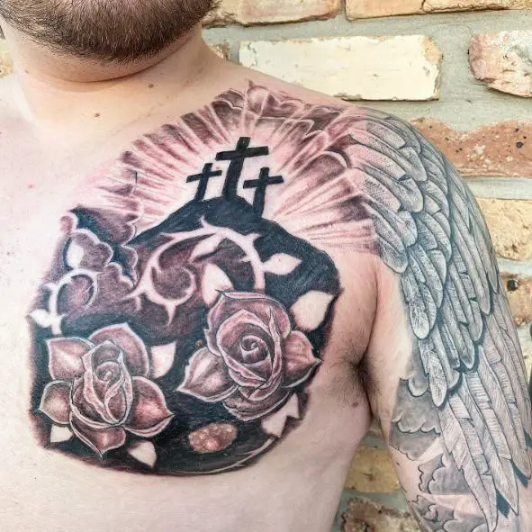 Three Cross with Roses Chest Tattoo