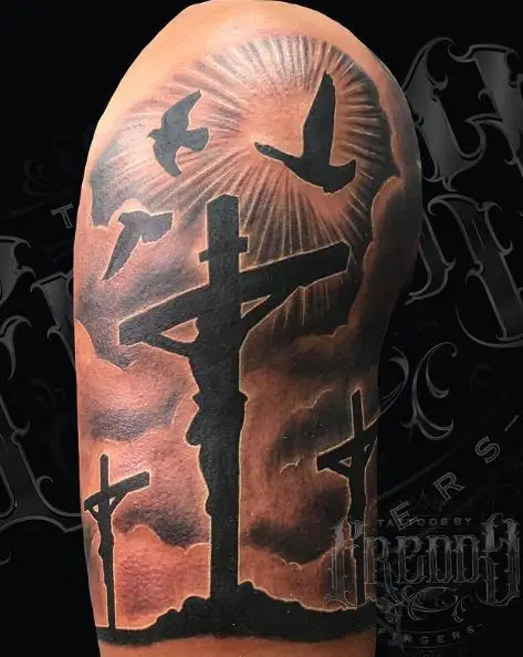 Three Crucifixion Cross Tattoo with Halo and Flying Birds