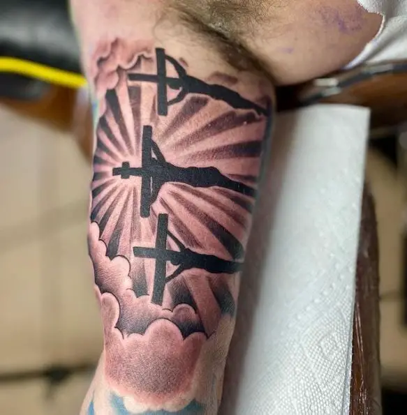 Three Crucifixion Cross with Halo Arm Tattoo