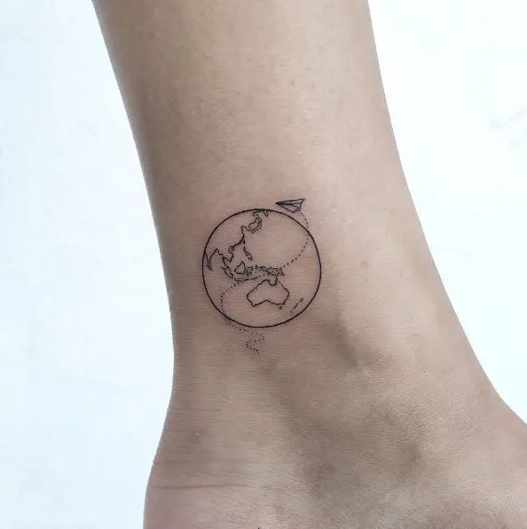 Tiny World and Paper Plane Outline Ankle Tattoo