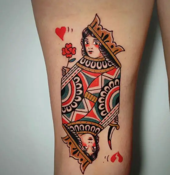 Traditional Queen of Hearts with a Rose Tattoo