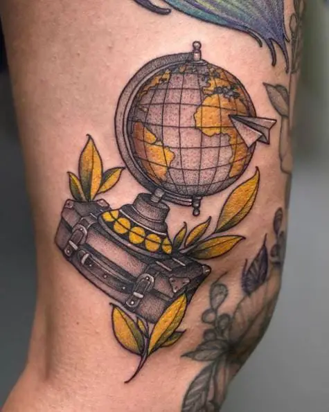 Travel Bag, Globe and Paper Plane Tattoo Art