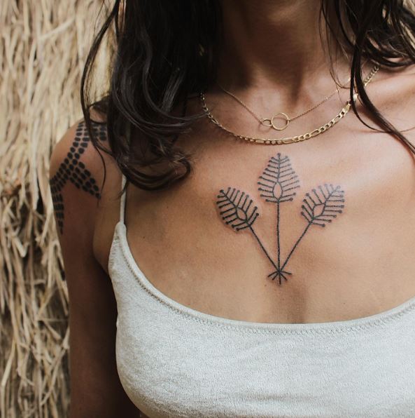 Trio of Nature Leaves Chest Tattoo